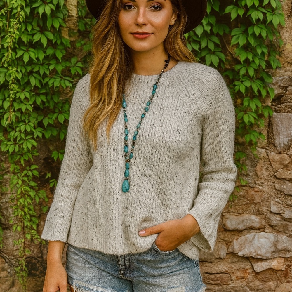 JOIE Marled Pale Gray Quiet Luxury Rib Knit Bell Sleeve Wool Sweater, XS